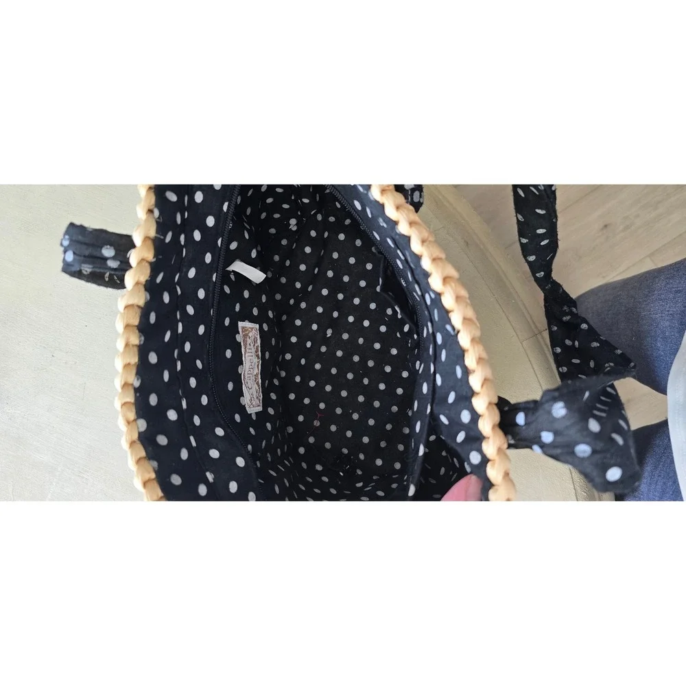 Cappelli Straworld Woven Corn Husk Tote Bag Polka Dot Handles‎ Tan Black White
